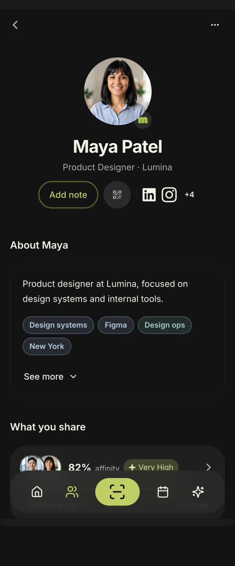 A MeetLab contact profile with an AI summary and what you have in common