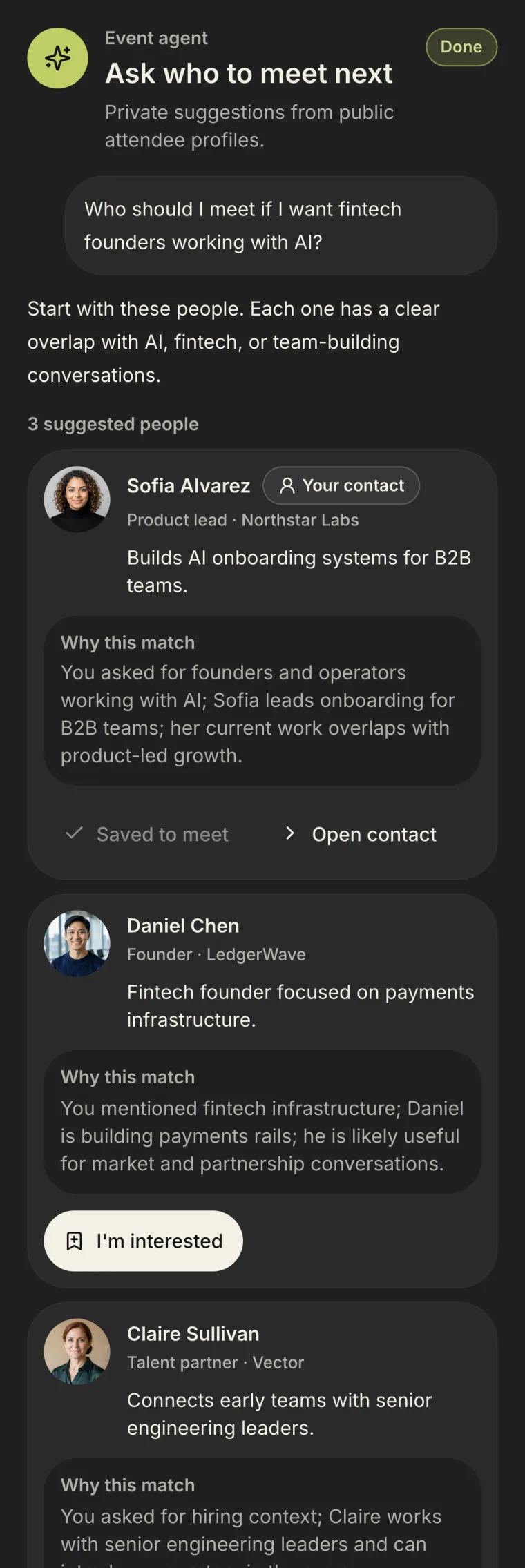 MeetLab event agent suggesting people to meet, with the reason for each match